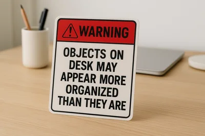 Warning Sign About Desk Organization on Wooden Table