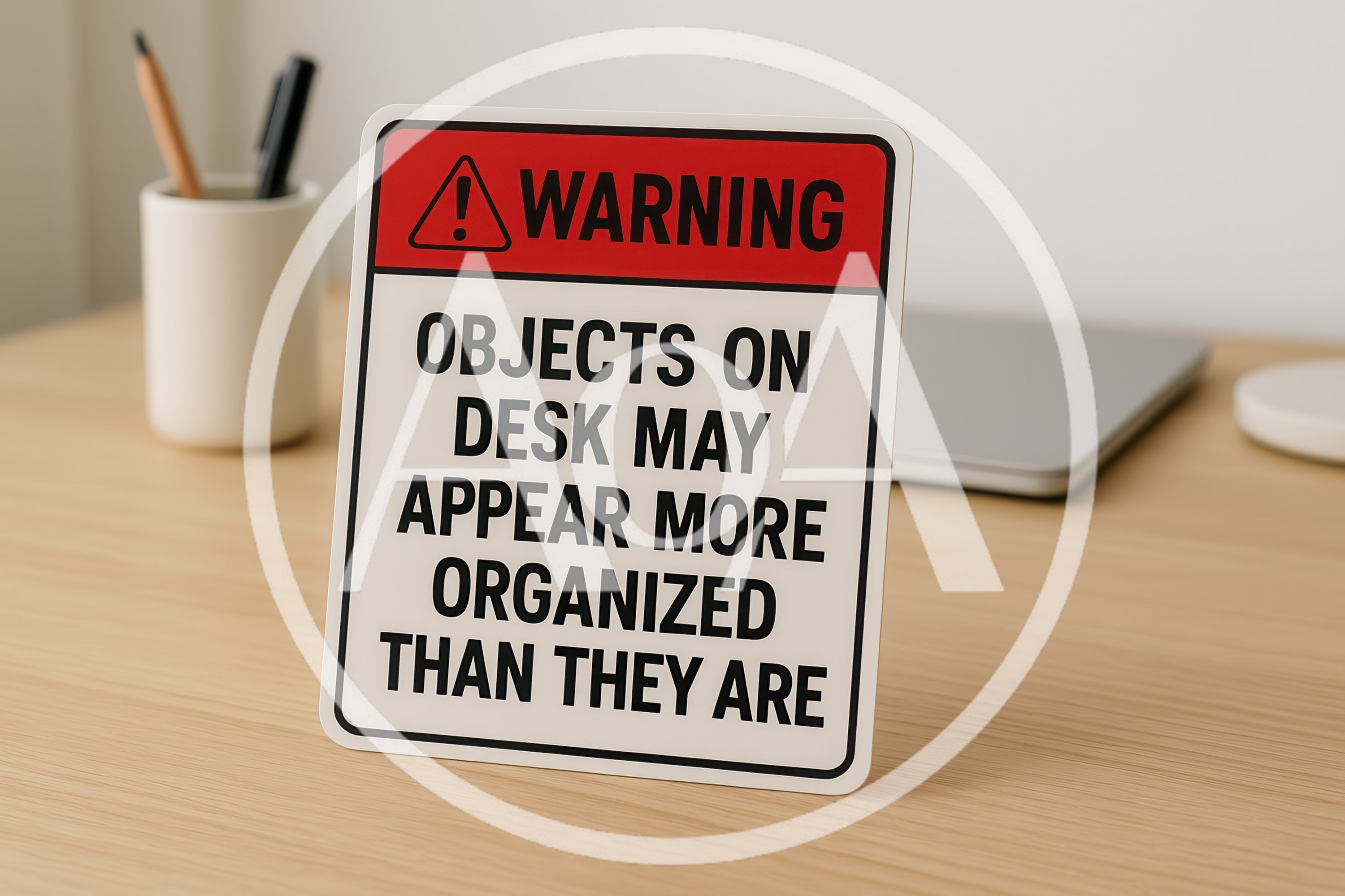 Warning Sign About Desk Organization on Wooden Table