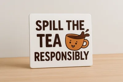 Spill The Tea Responsibly Sign On Wooden Table