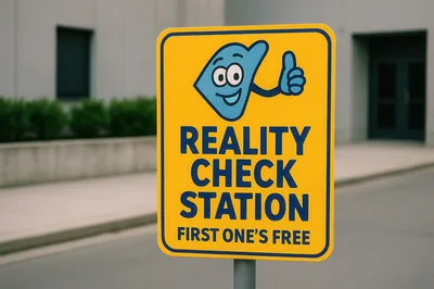 Reality Check Station Sign With Cartoon Mascot
