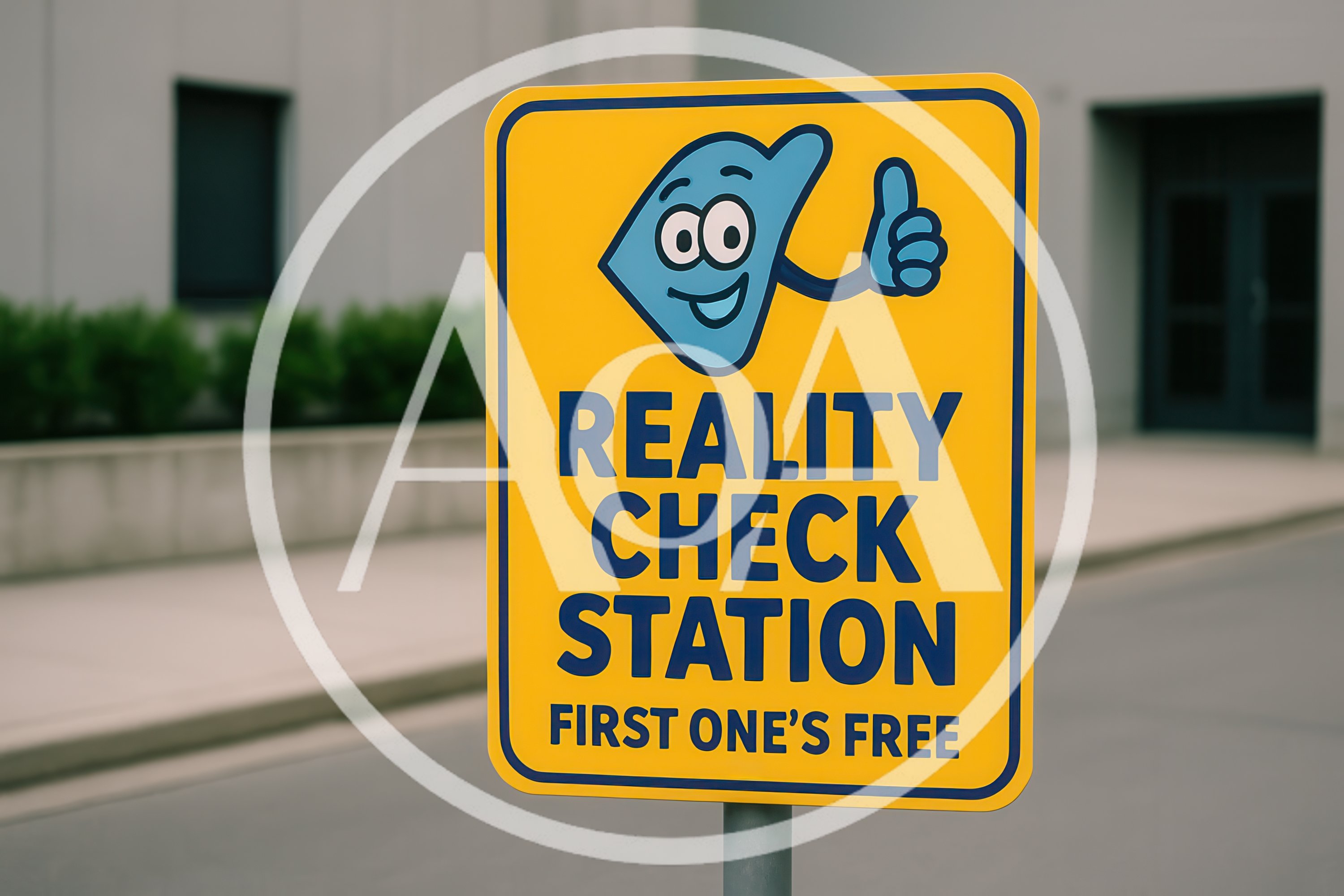 Reality Check Station Sign With Cartoon Mascot