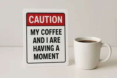 Caution Sign With Coffee Mug On White Background