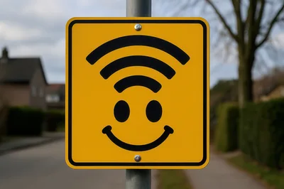 Yellow Road Sign Featuring A Wi-Fi Smiley Face