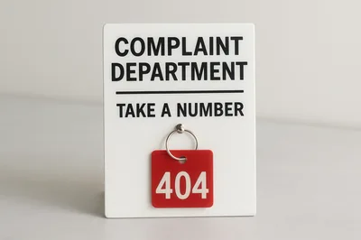 Complaint Department Sign With 404 Error Tag
