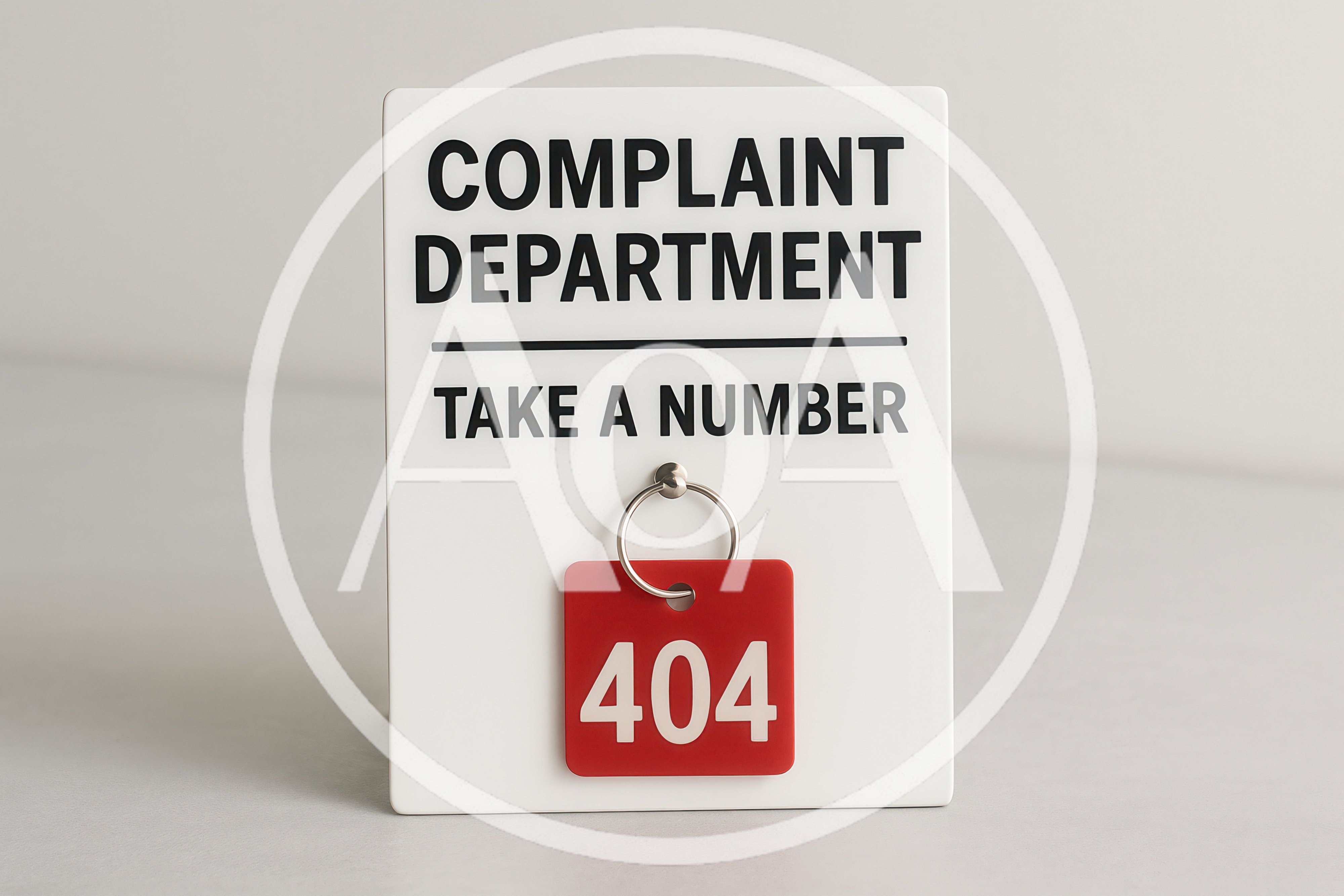 Complaint Department Sign With 404 Error Tag
