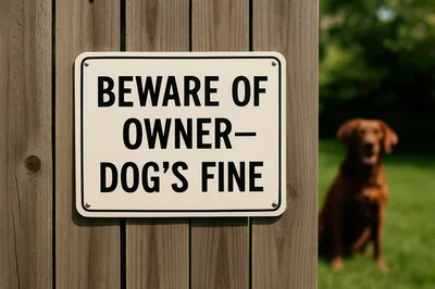 Beware of Owner Sign on Wooden Fence with Dog