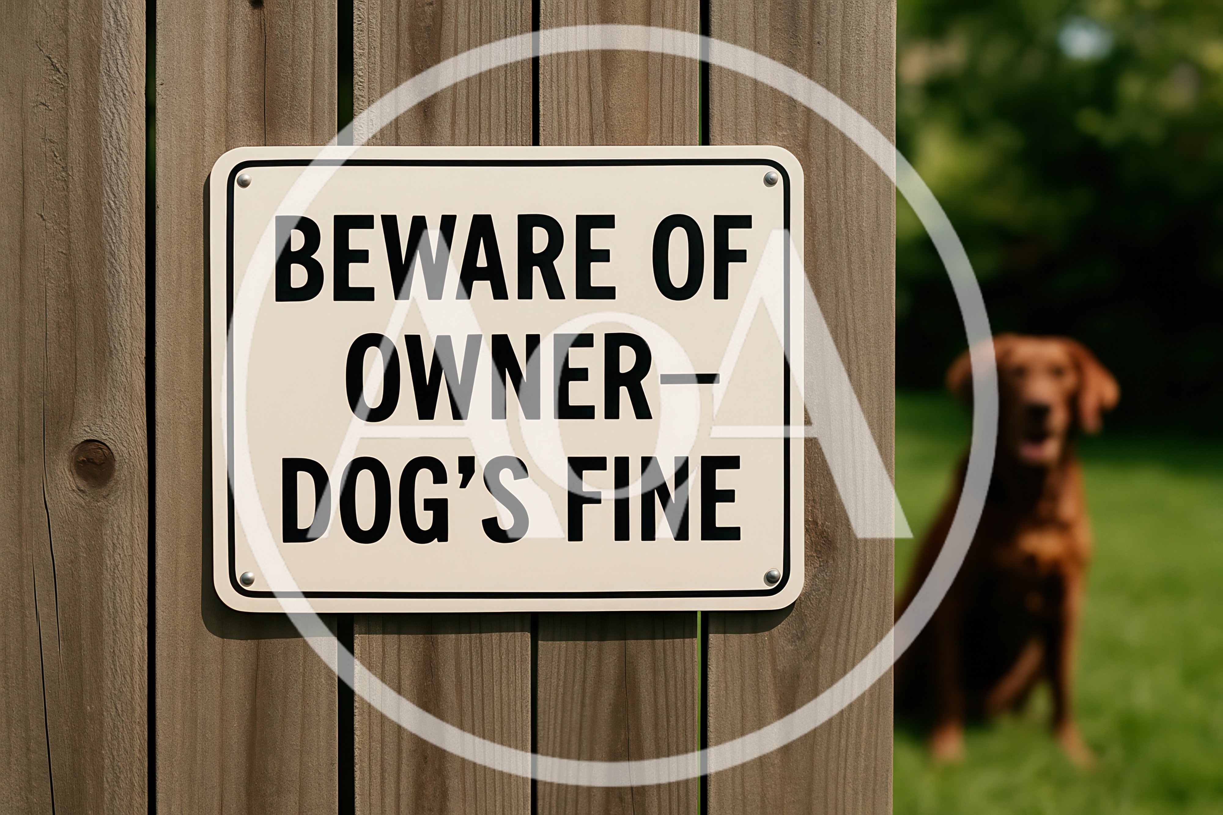 Beware of Owner Sign on Wooden Fence with Dog