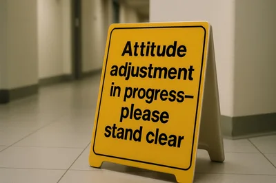 Yellow Caution Sign With Humorous Text In Hallway