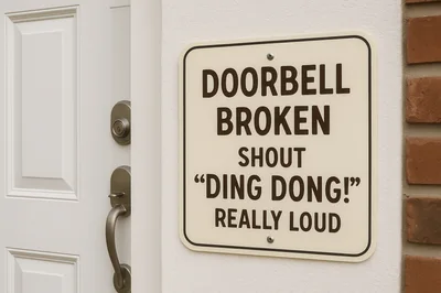Humorous Doorbell Broken Sign on Residential Door