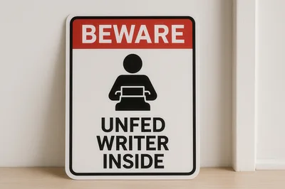 Beware Unfed Writer Inside Sign On Wooden Surface