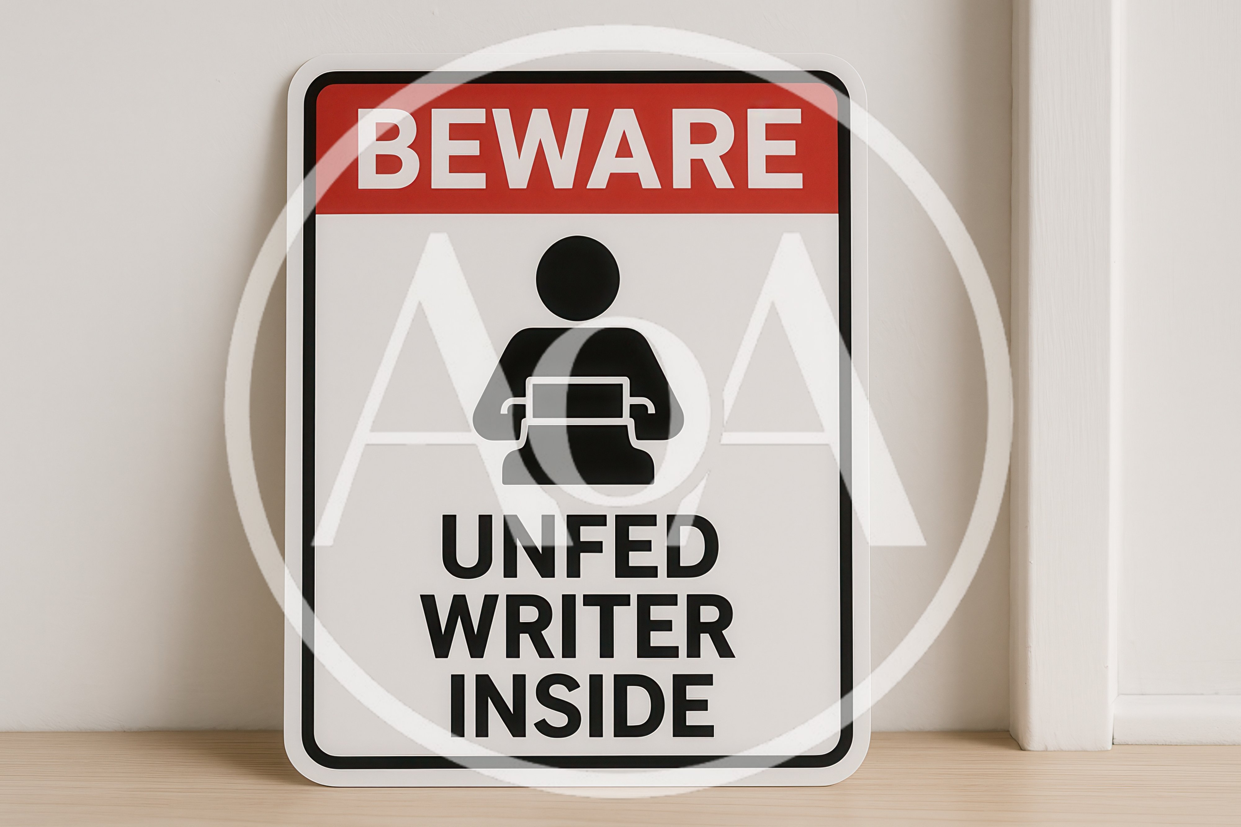 Beware Unfed Writer Inside Sign On Wooden Surface