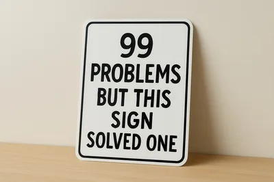 White Sign With Humorous Text On Wooden Surface