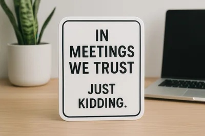 Humorous Office Desk Sign In Meetings We Trust