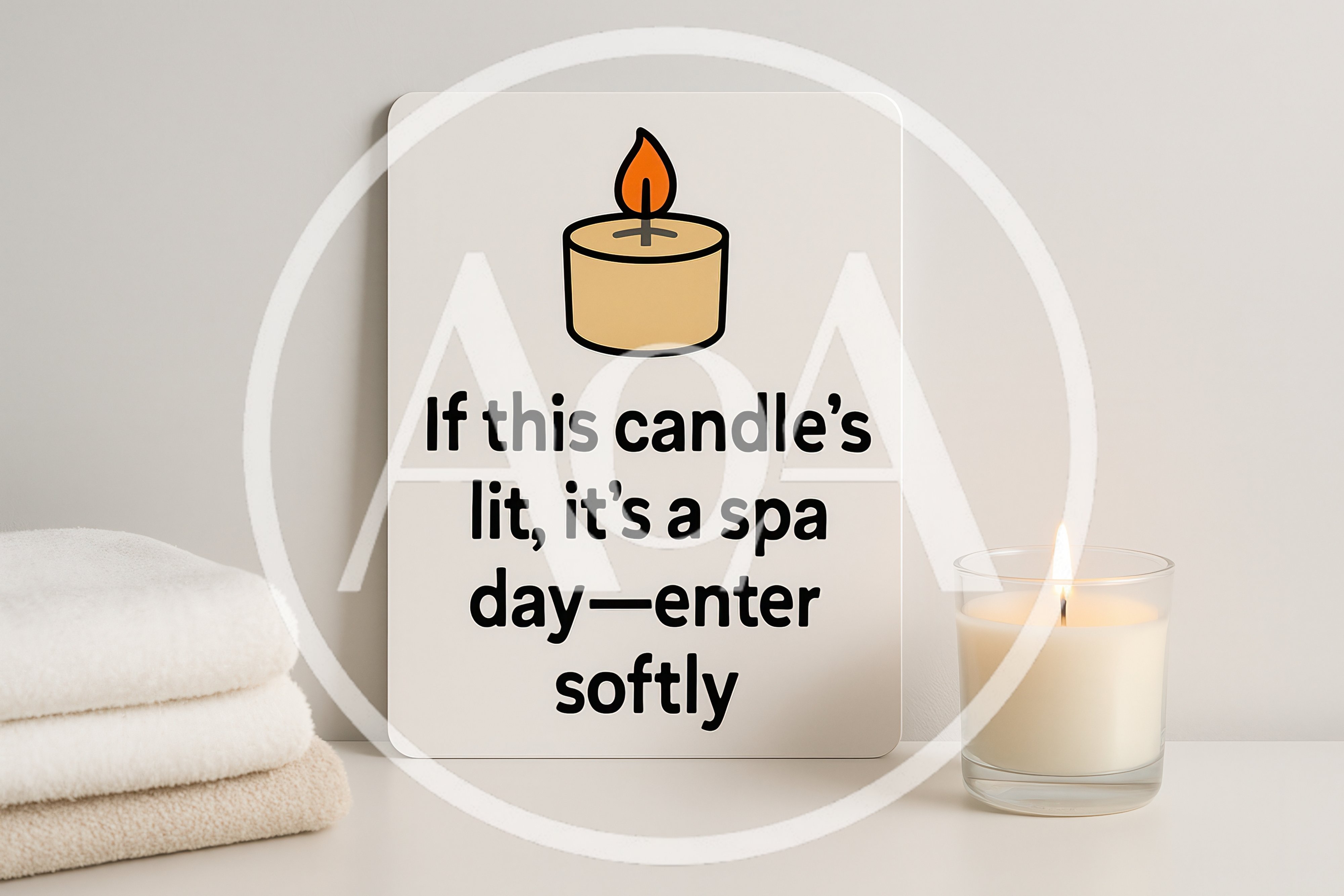 Spa Day Sign With Lit Candle And Towels