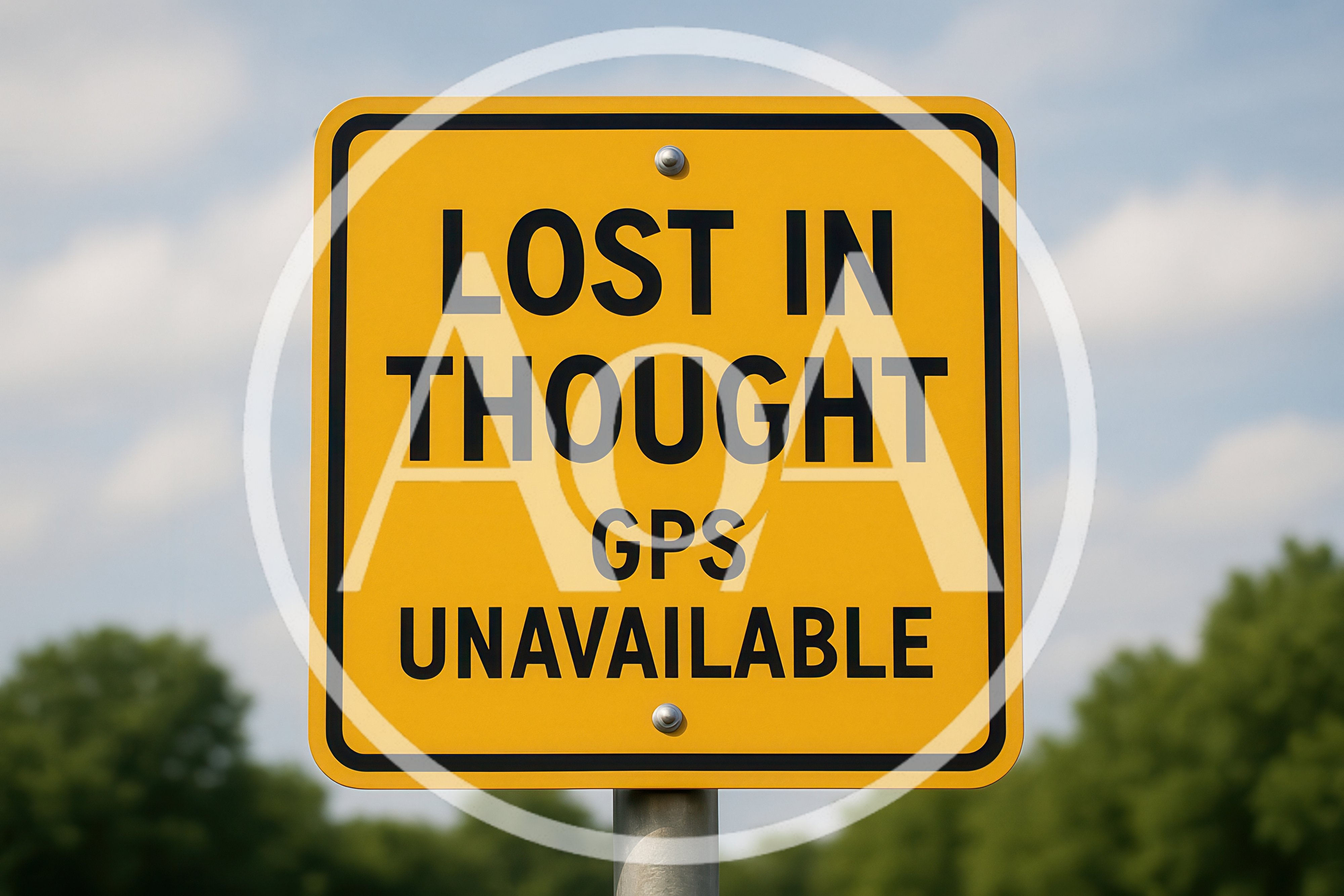Yellow Road Sign Reading Lost In Thought GPS Unavailable