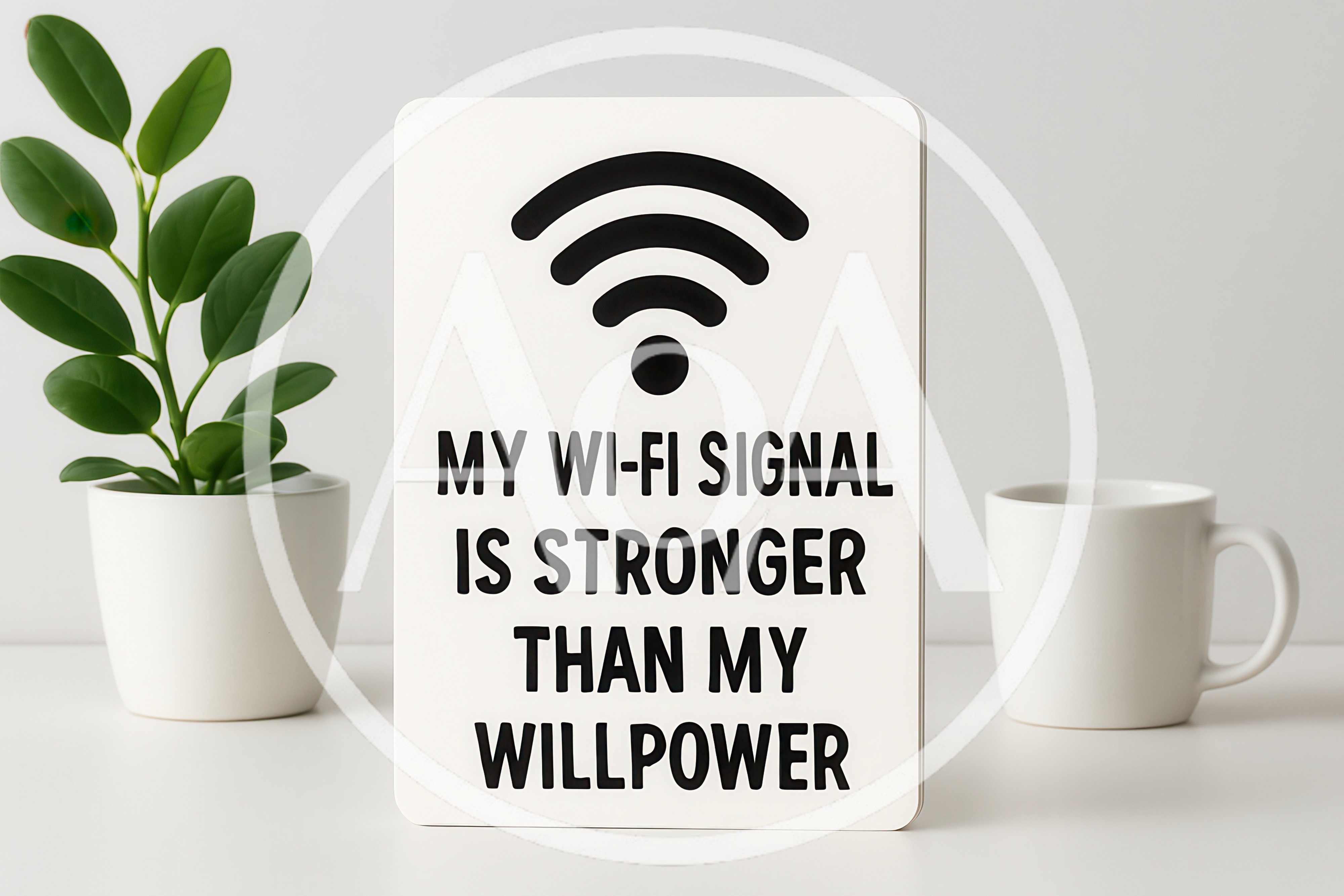 Wi-Fi Signal Sign With Plant And Coffee Mug