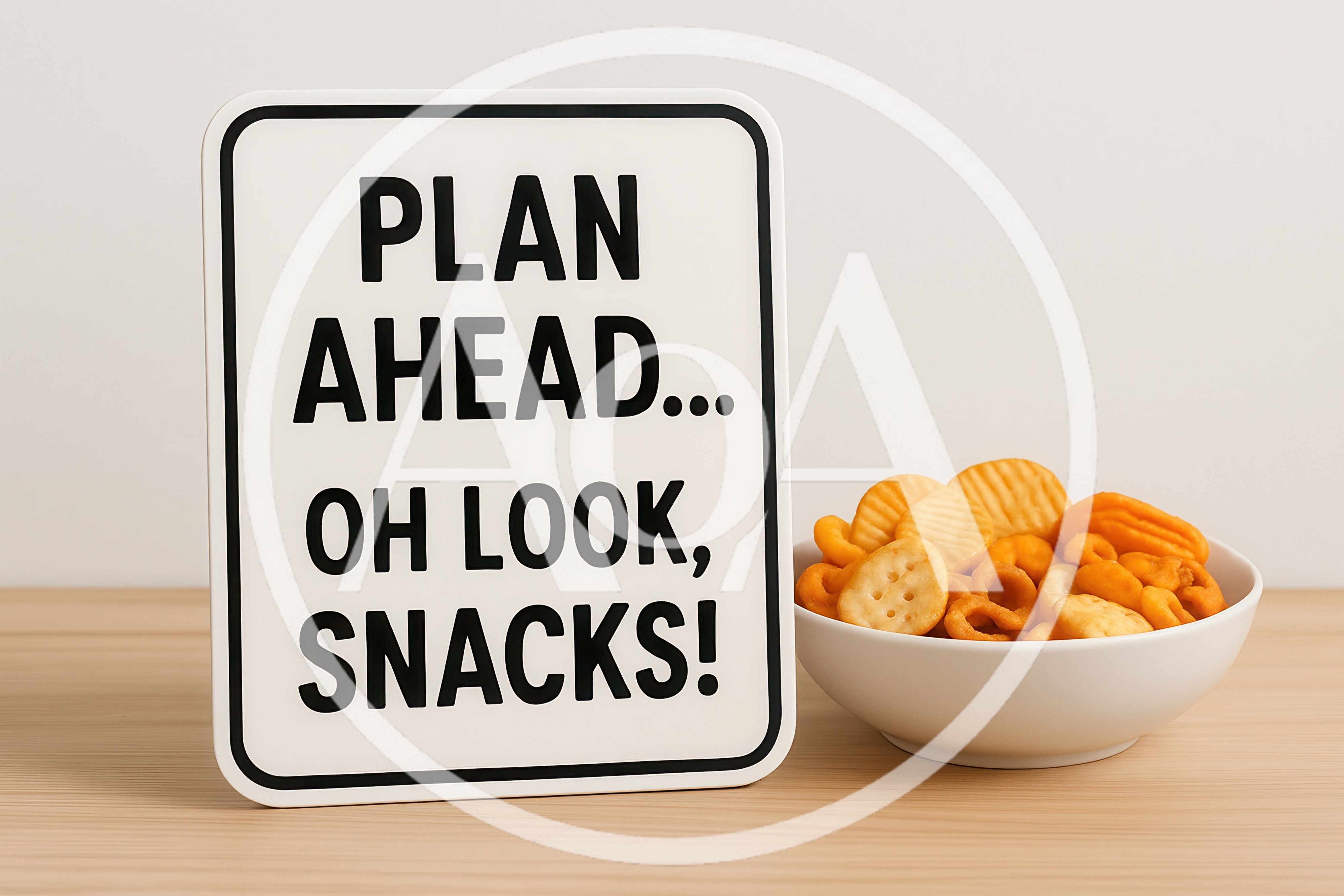Sign With Funny Text Next To Bowl Of Snacks