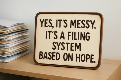 Humorous Desk Sign About Messy Filing System