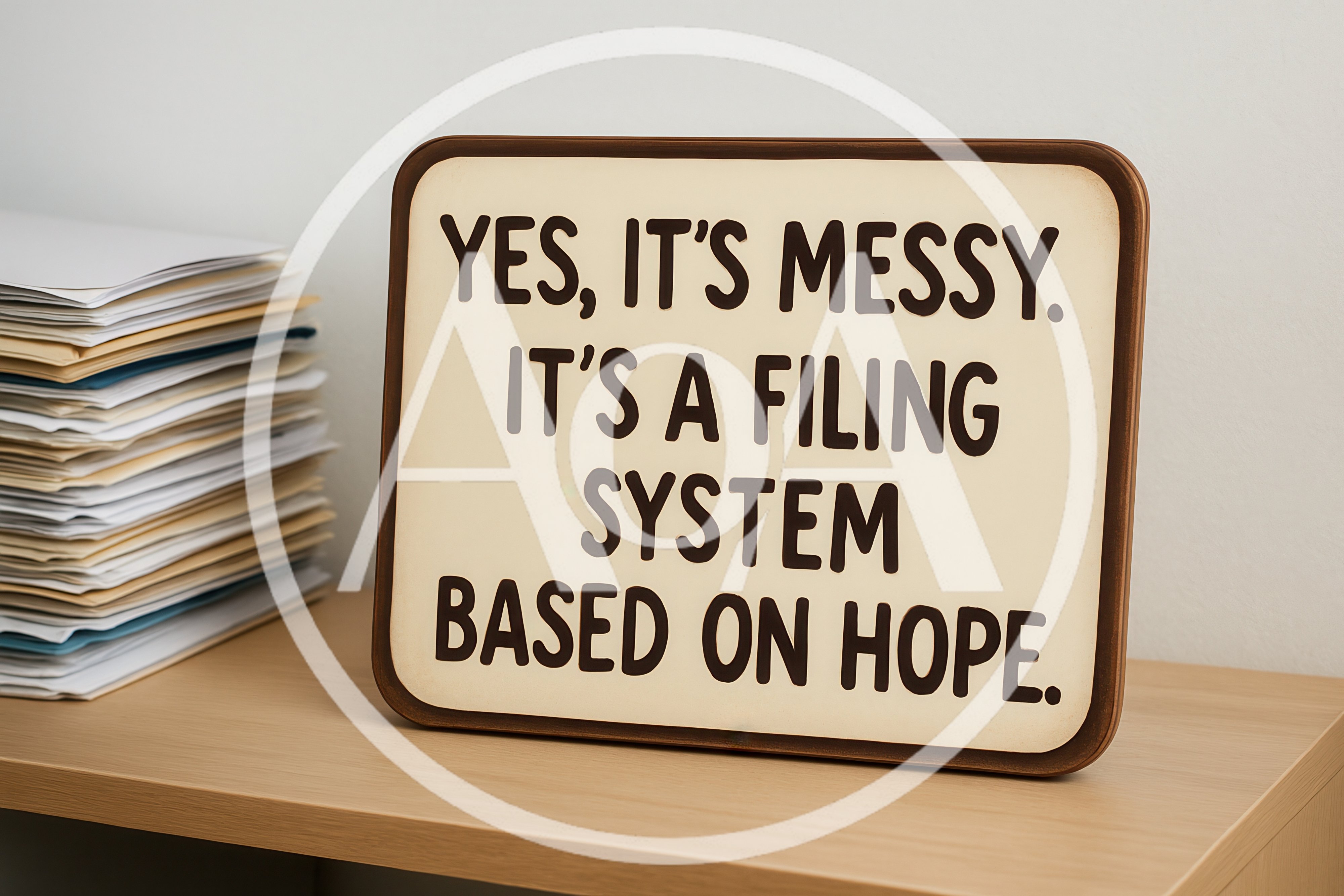 Humorous Desk Sign About Messy Filing System