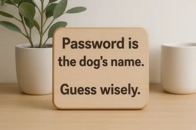 Wooden Sign With Password Hint On Desk