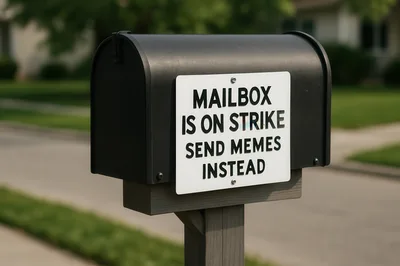 Black Mailbox With Humorous Sign On Residential Street