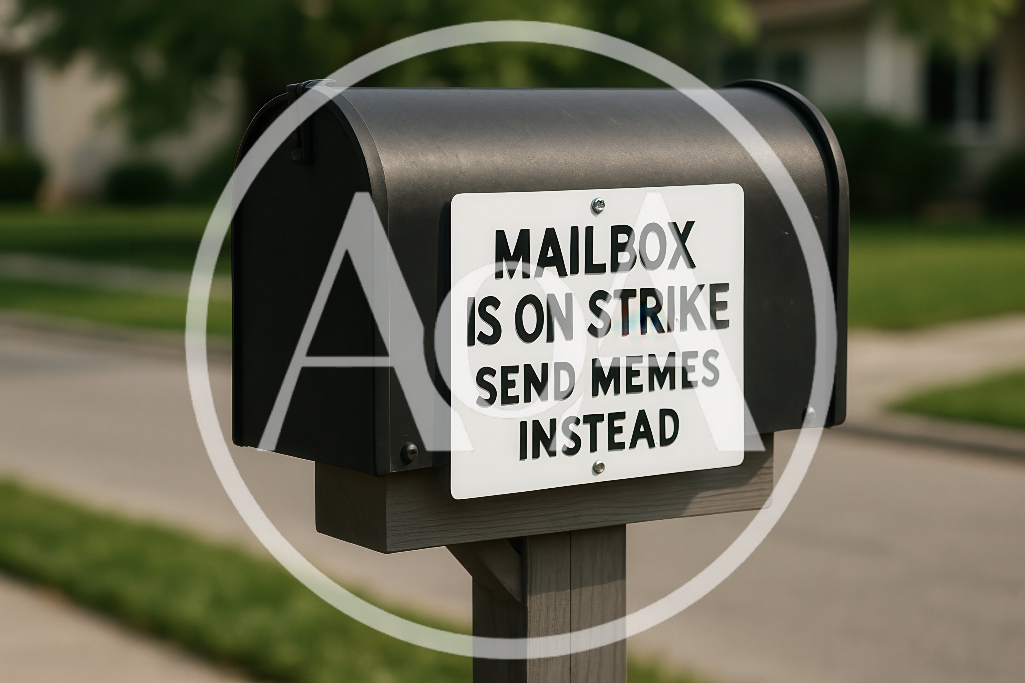 Black Mailbox With Humorous Sign On Residential Street