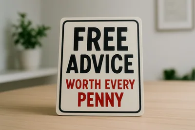 Free Advice Worth Every Penny Sign on Wooden Desk
