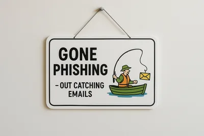 Gone Phishing Sign Hanging On A White Wall