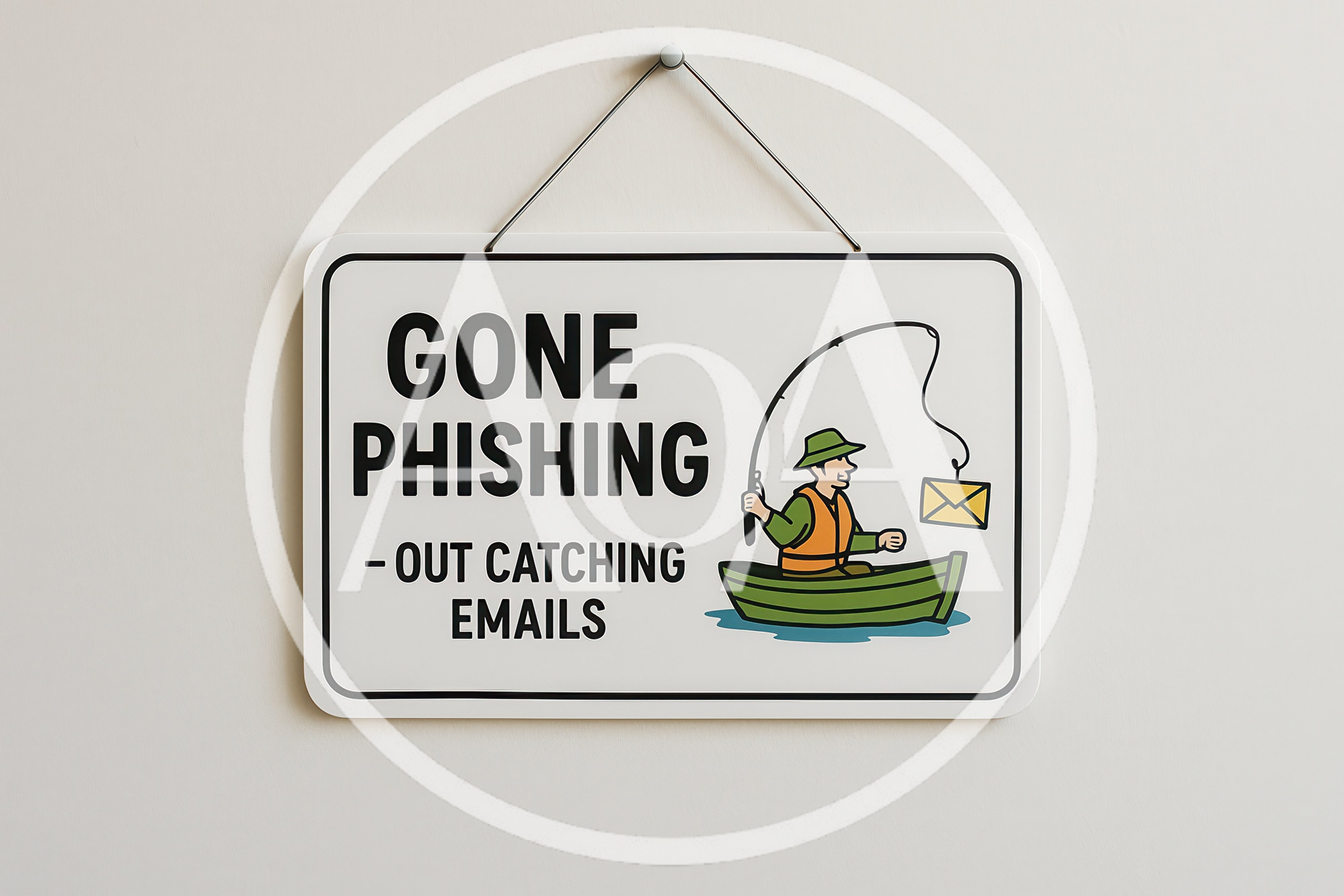 Gone Phishing Sign Hanging On A White Wall