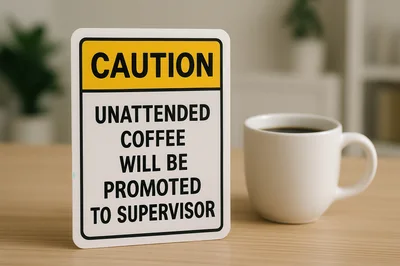 Humorous Caution Sign About Unattended Coffee On Desk