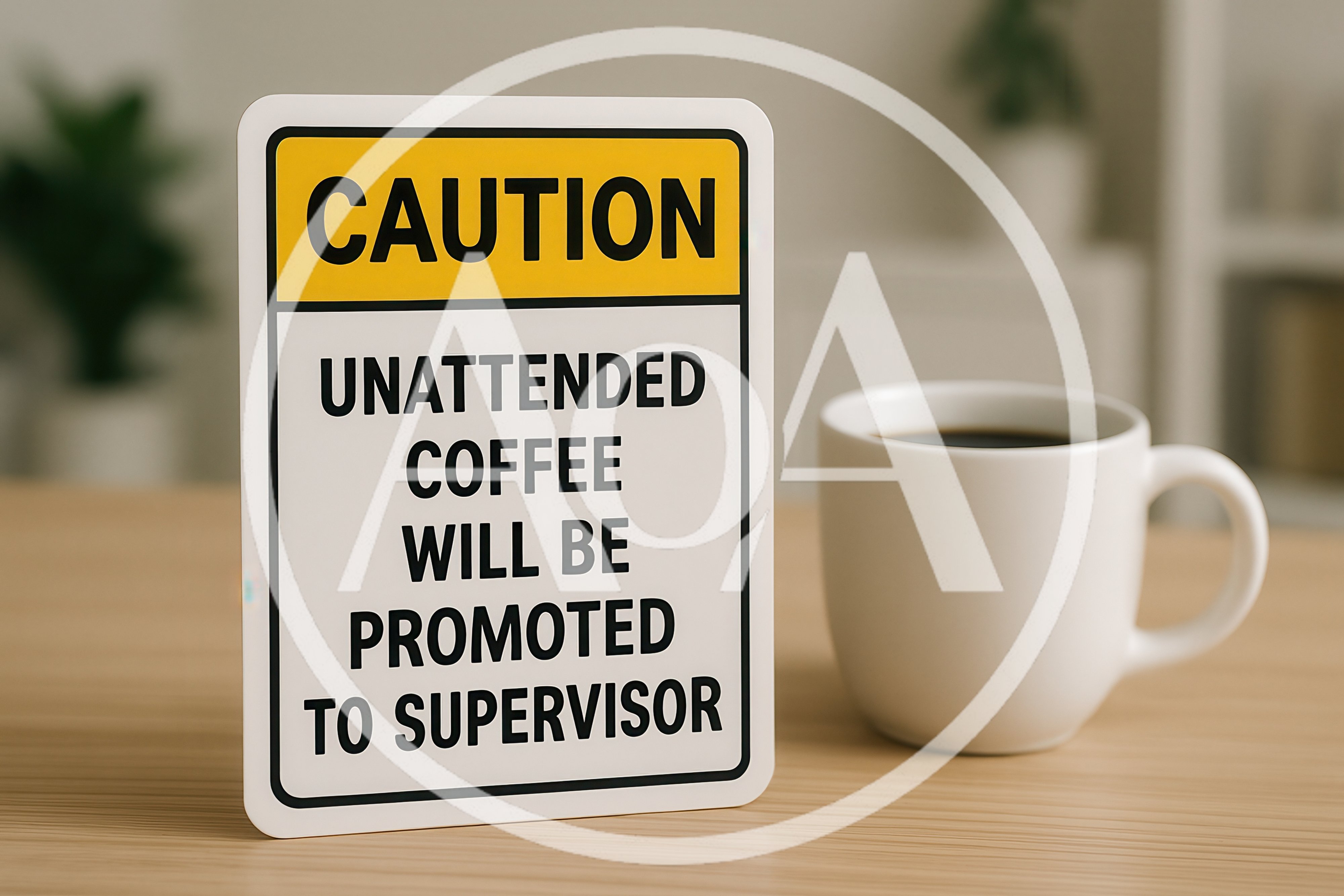 Humorous Caution Sign About Unattended Coffee On Desk