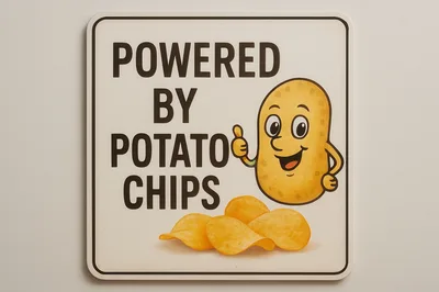 Powered By Potato Chips Sign With Cartoon Potato
