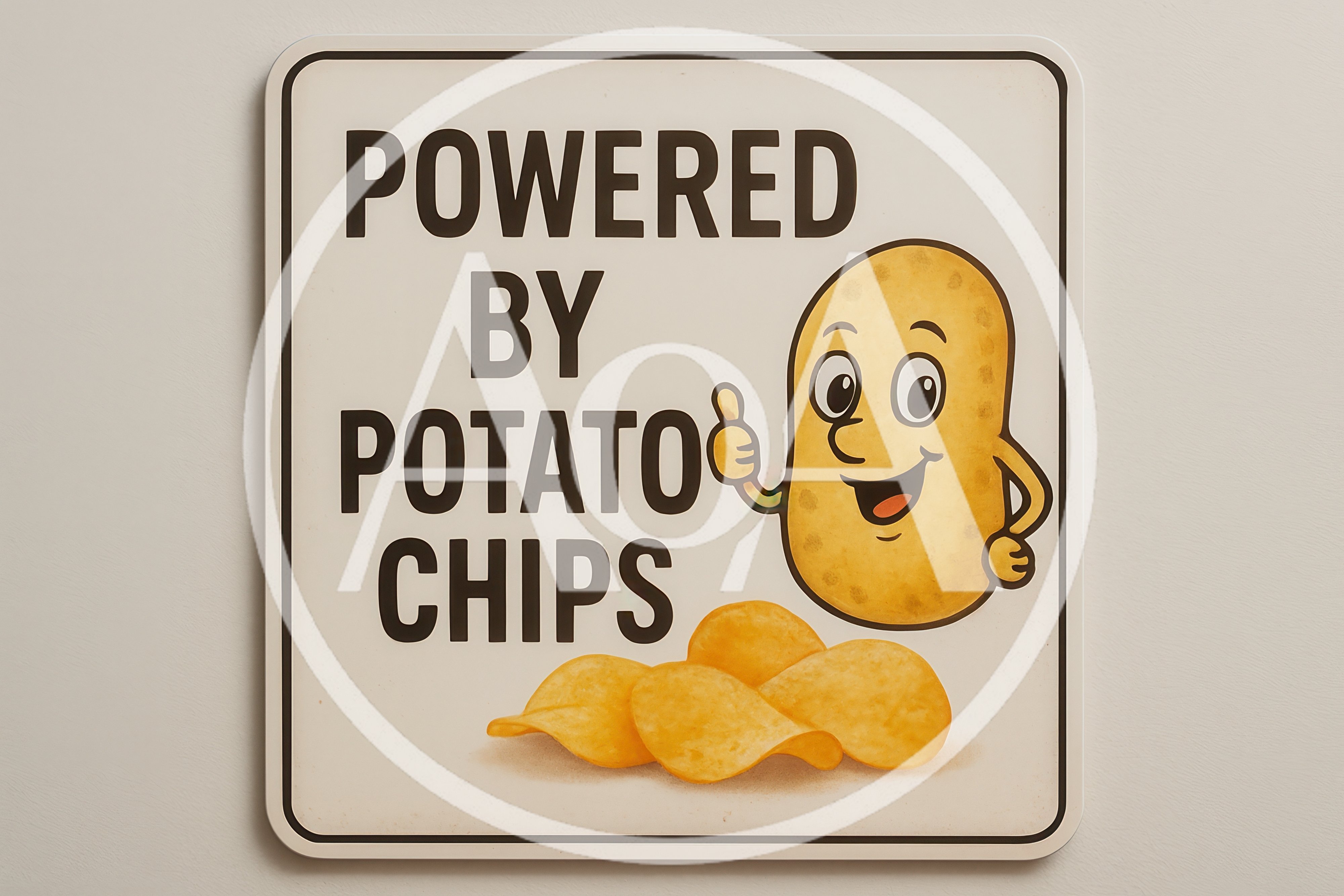 Powered By Potato Chips Sign With Cartoon Potato