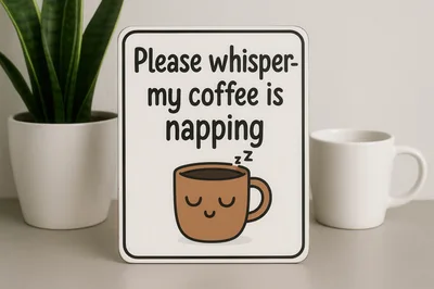 Humorous Coffee Sign With Sleeping Mug Illustration