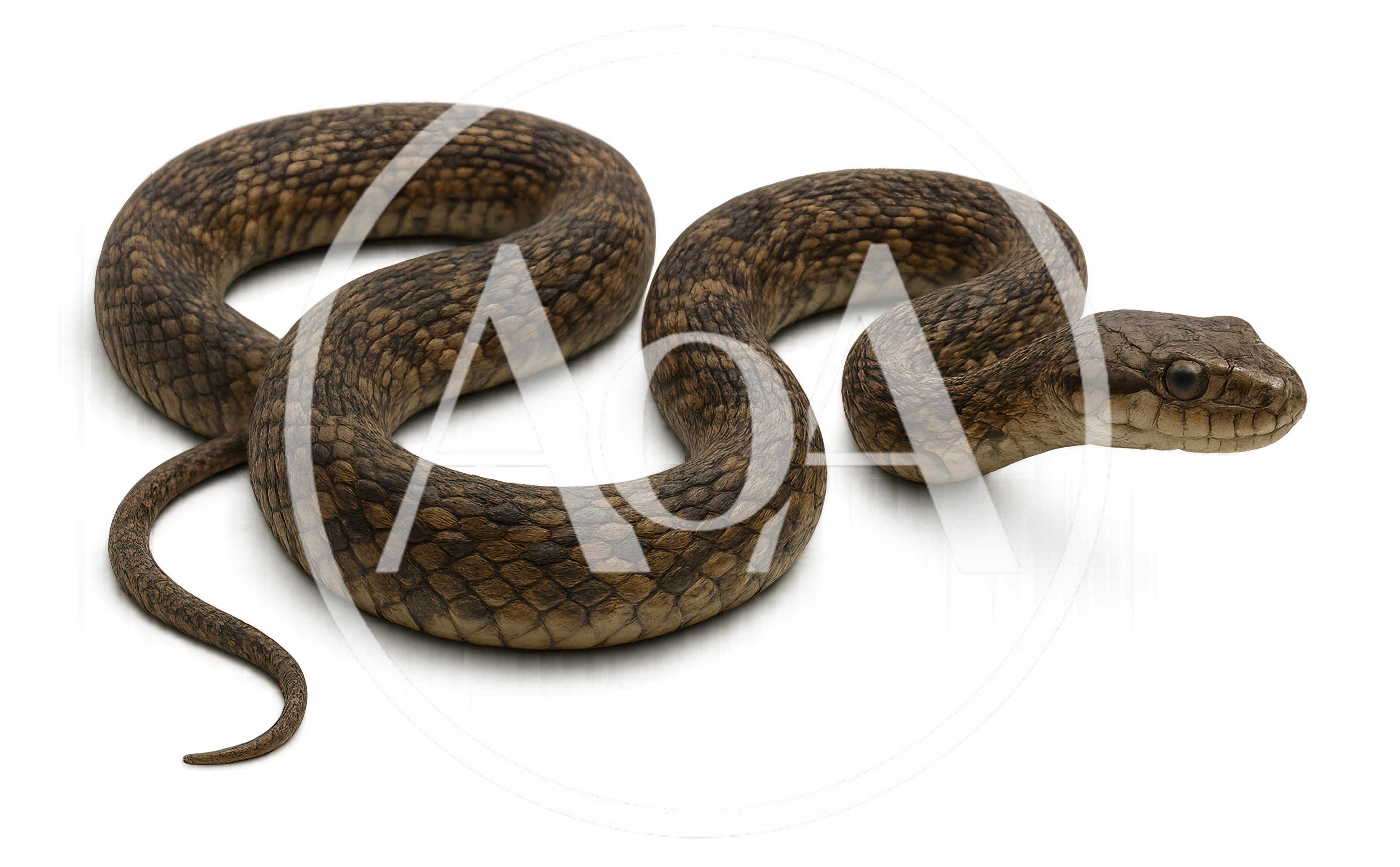 Brown Water Snake Coiled on White Background