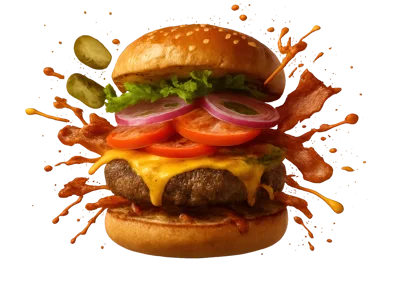 Gourmet Cheeseburger With Bacon And Fresh Vegetables