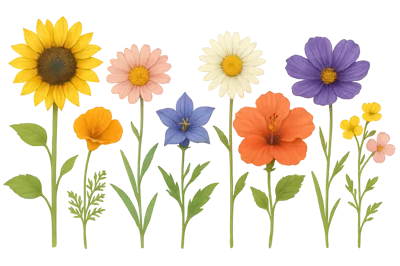 Collection Of Various Colorful Wildflowers On White Background