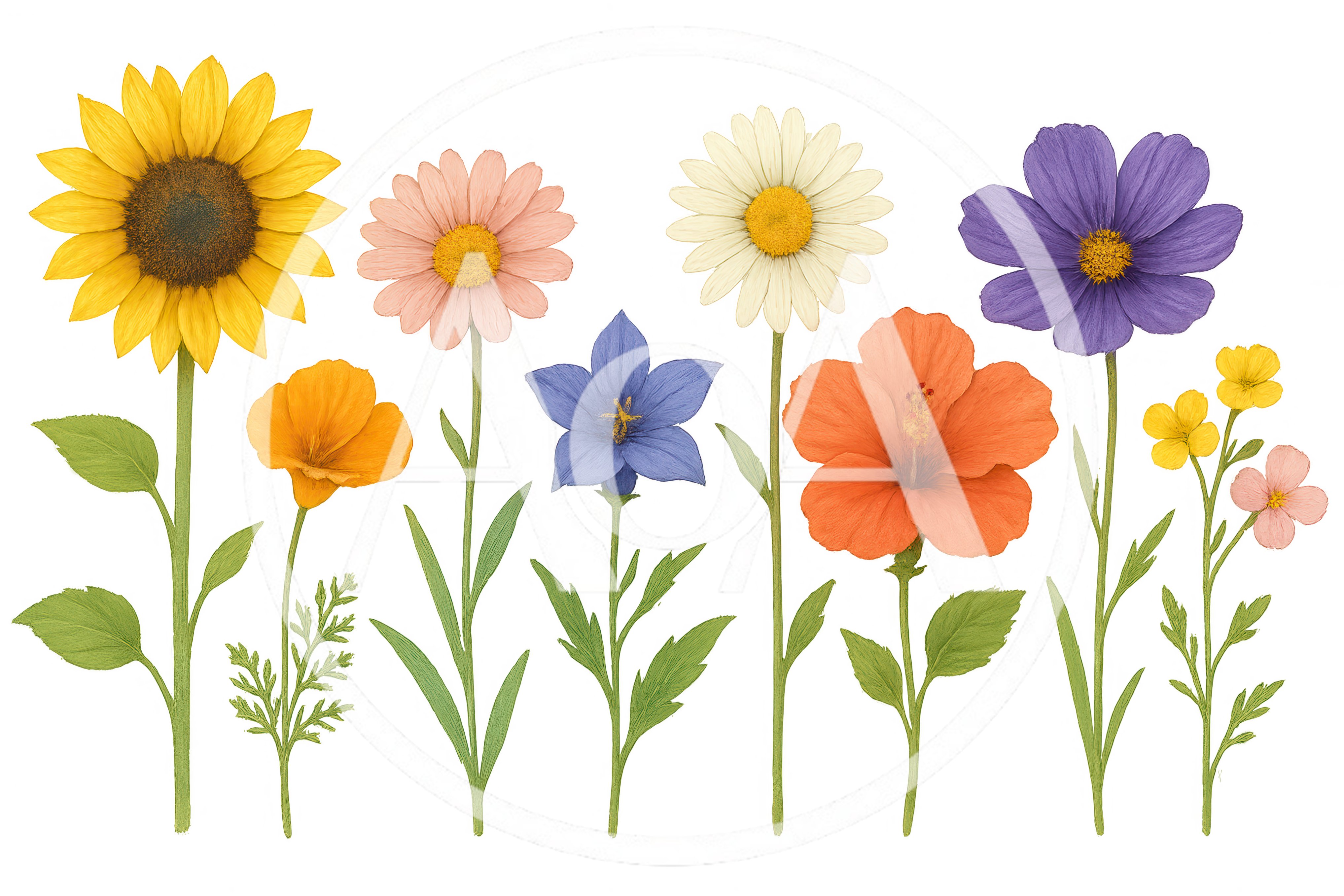Collection Of Various Colorful Wildflowers On White Background