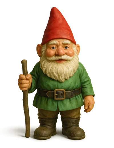 Garden Gnome Statue Standing With A Wooden Walking Stick