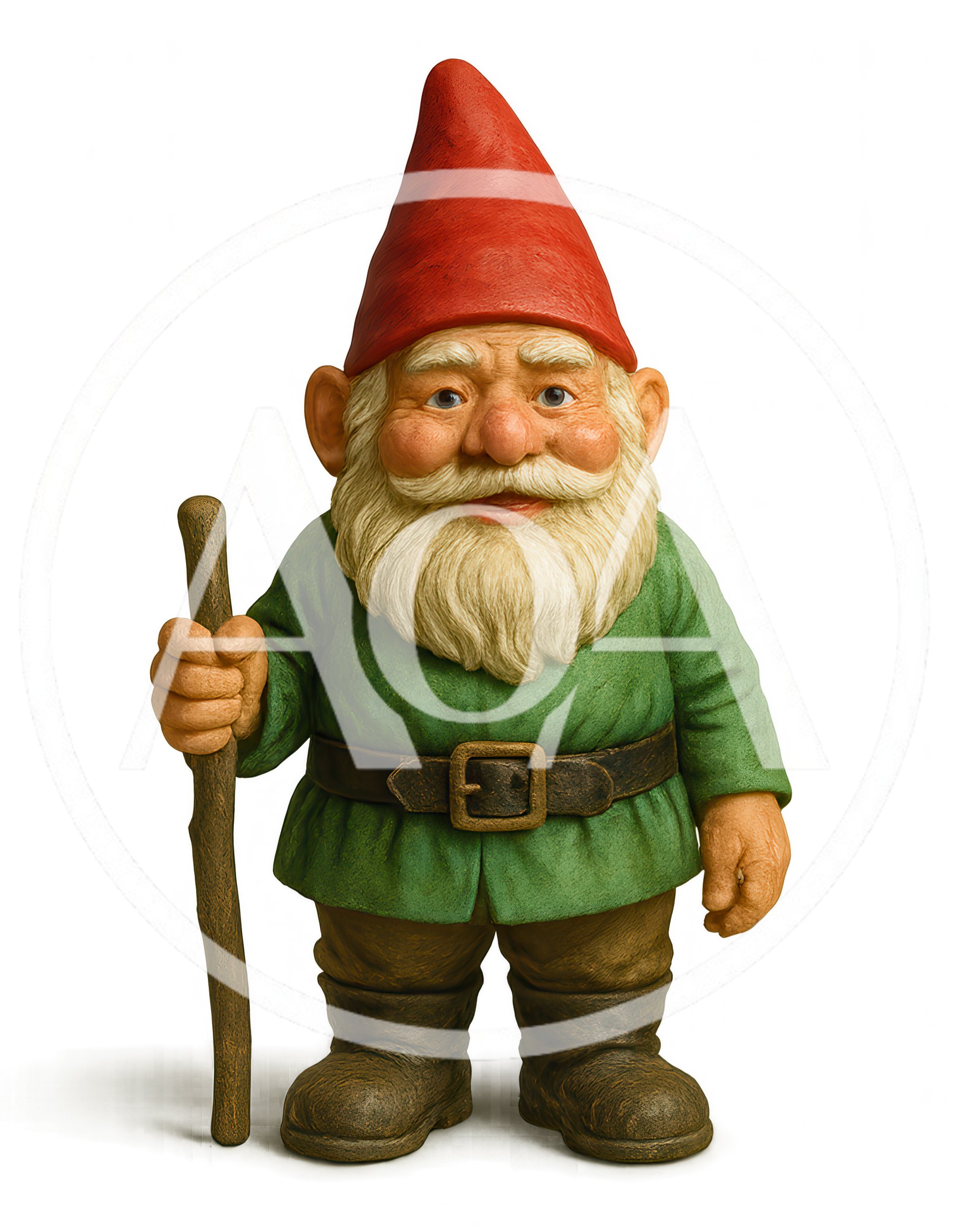 Garden Gnome Statue Standing With A Wooden Walking Stick