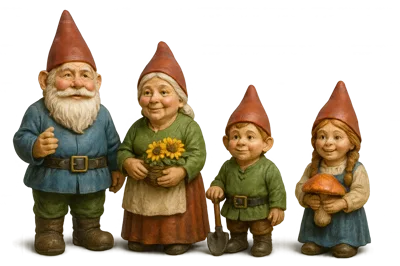 Four Garden Gnome Figurines Standing Together