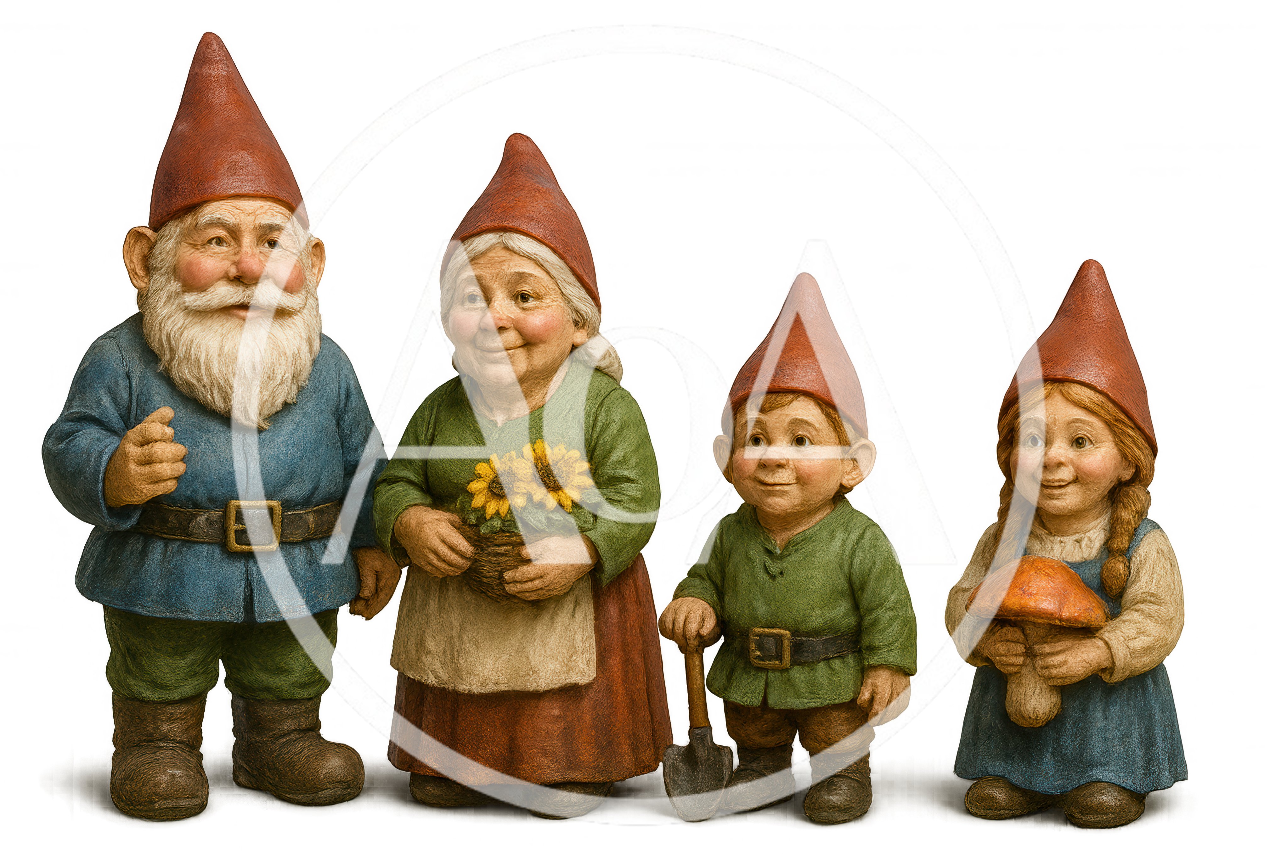 Four Garden Gnome Figurines Standing Together