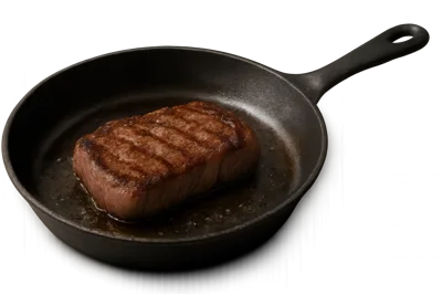 Grilled Beef Steak Cooking In A Cast Iron Skillet