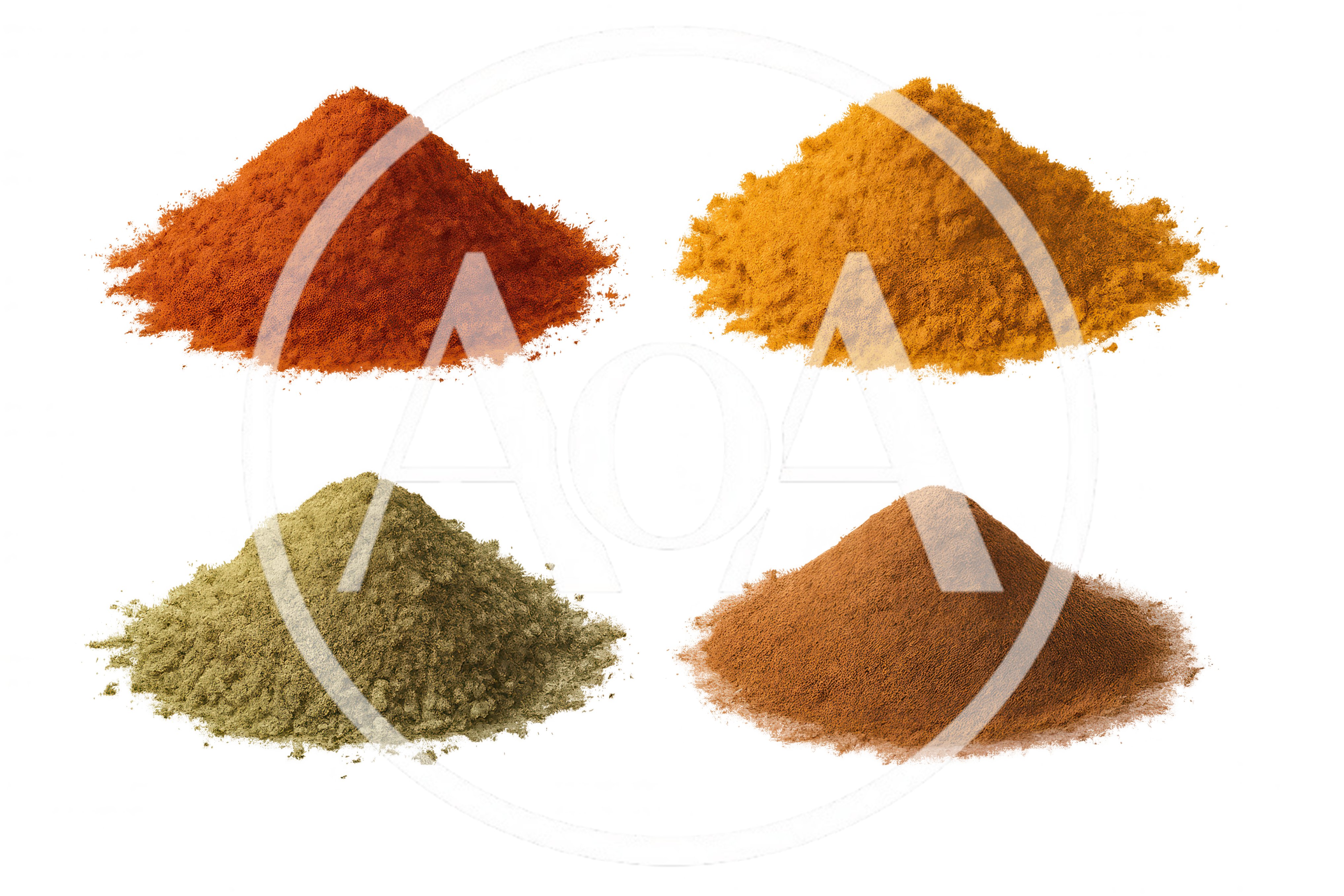 Four Piles Of Colorful Ground Spices On White Background