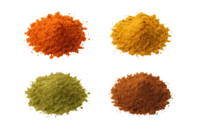 Four Piles Of Colorful Ground Spices On Black Background