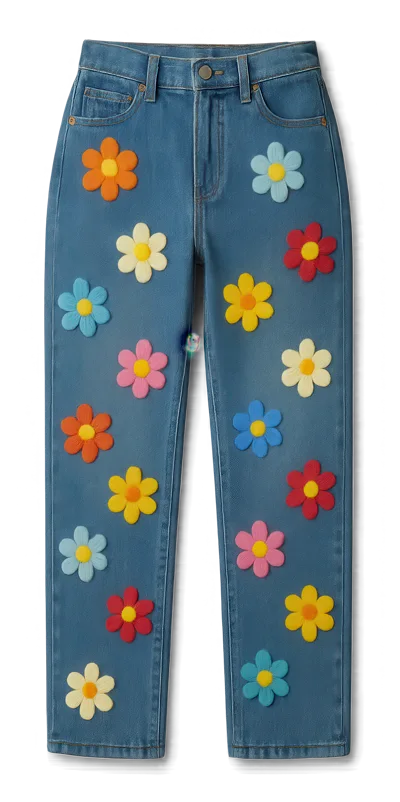 Blue Denim Jeans Decorated With Colorful Flower Appliques