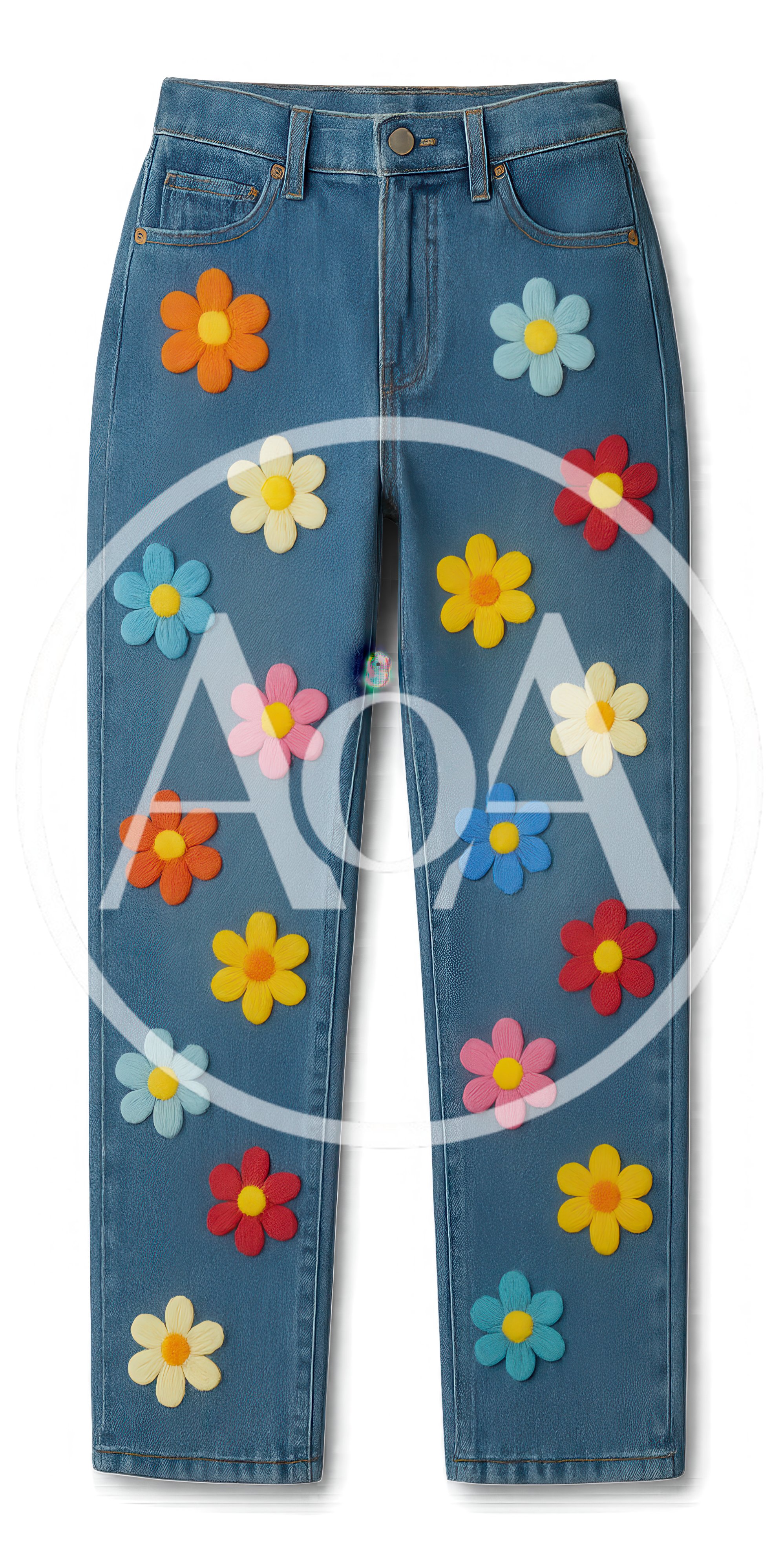 Blue Denim Jeans Decorated With Colorful Flower Appliques