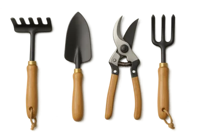 Set Of Four Gardening Tools On Plain Background