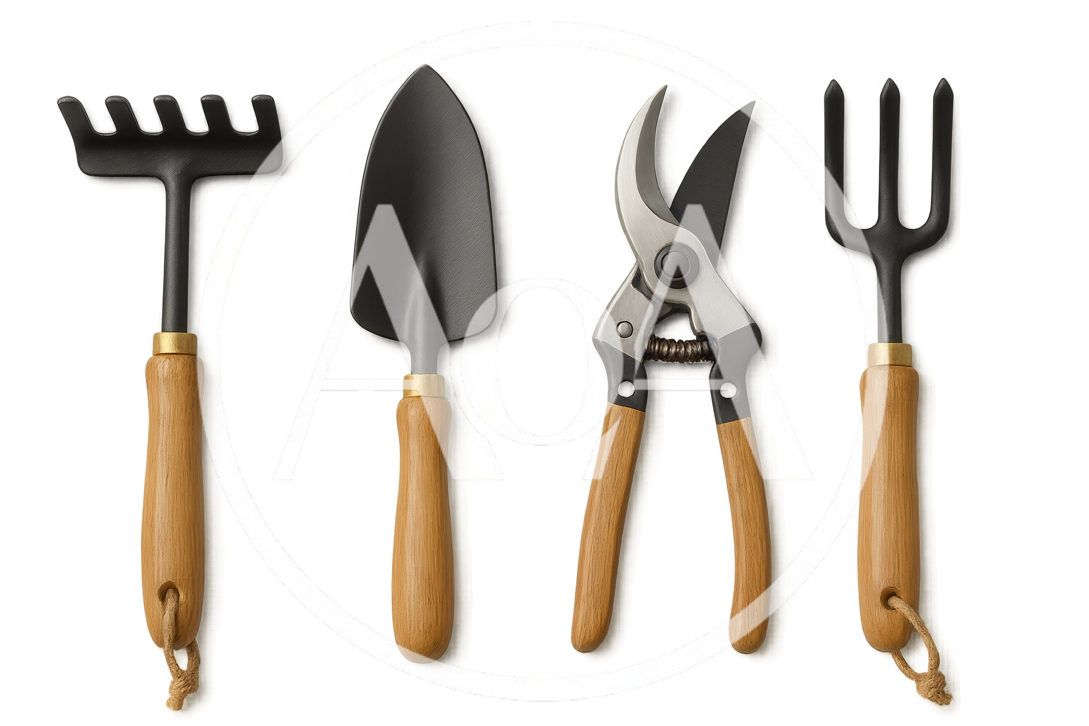 Set Of Four Gardening Tools On Plain Background