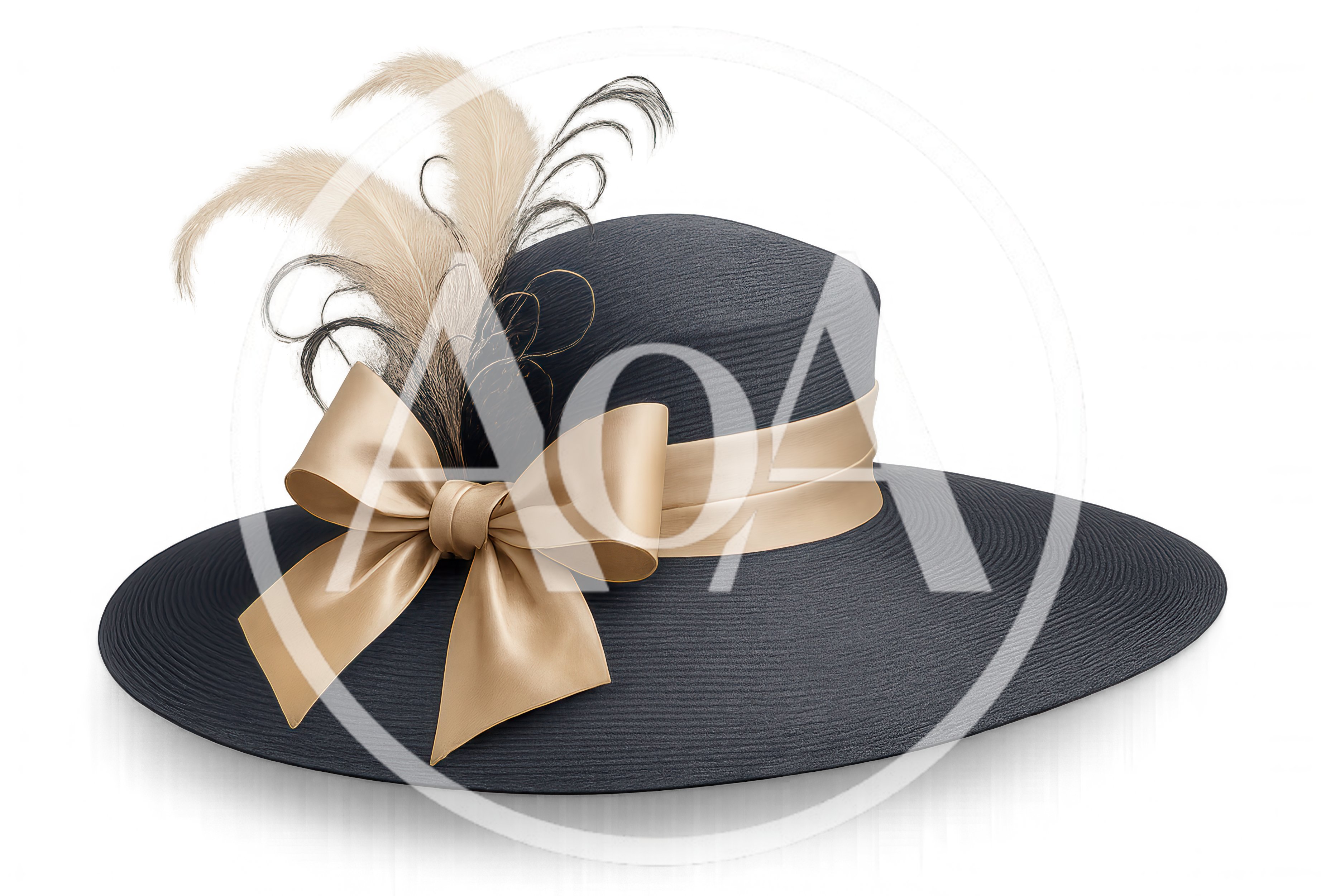 Elegant Navy Blue Wide Brim Hat With Beige Bow